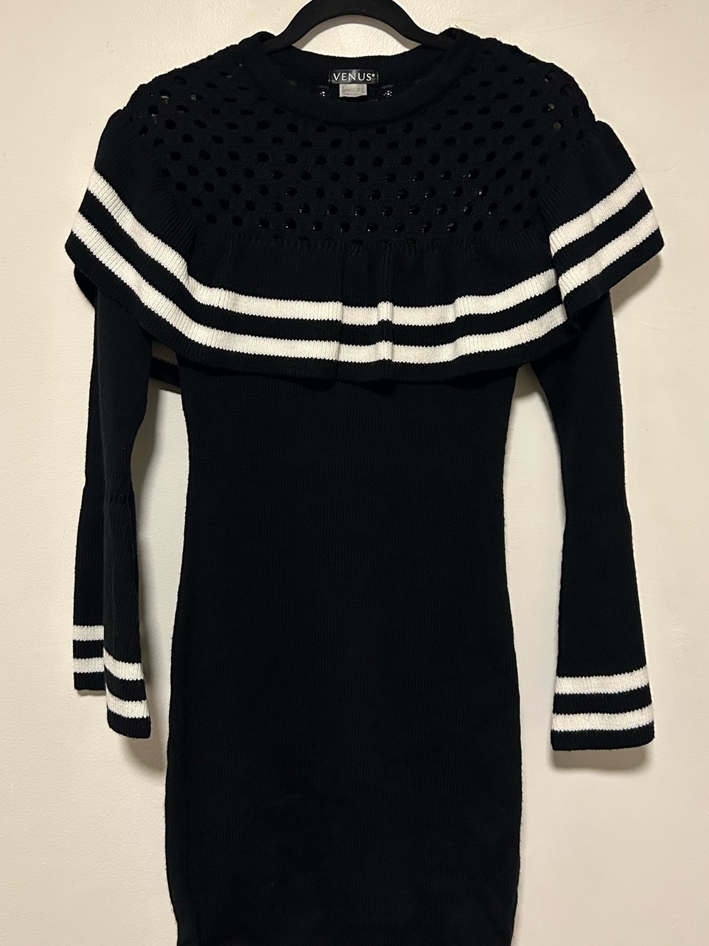 VENUS Black Sweater Dress with White Stripe Yoke